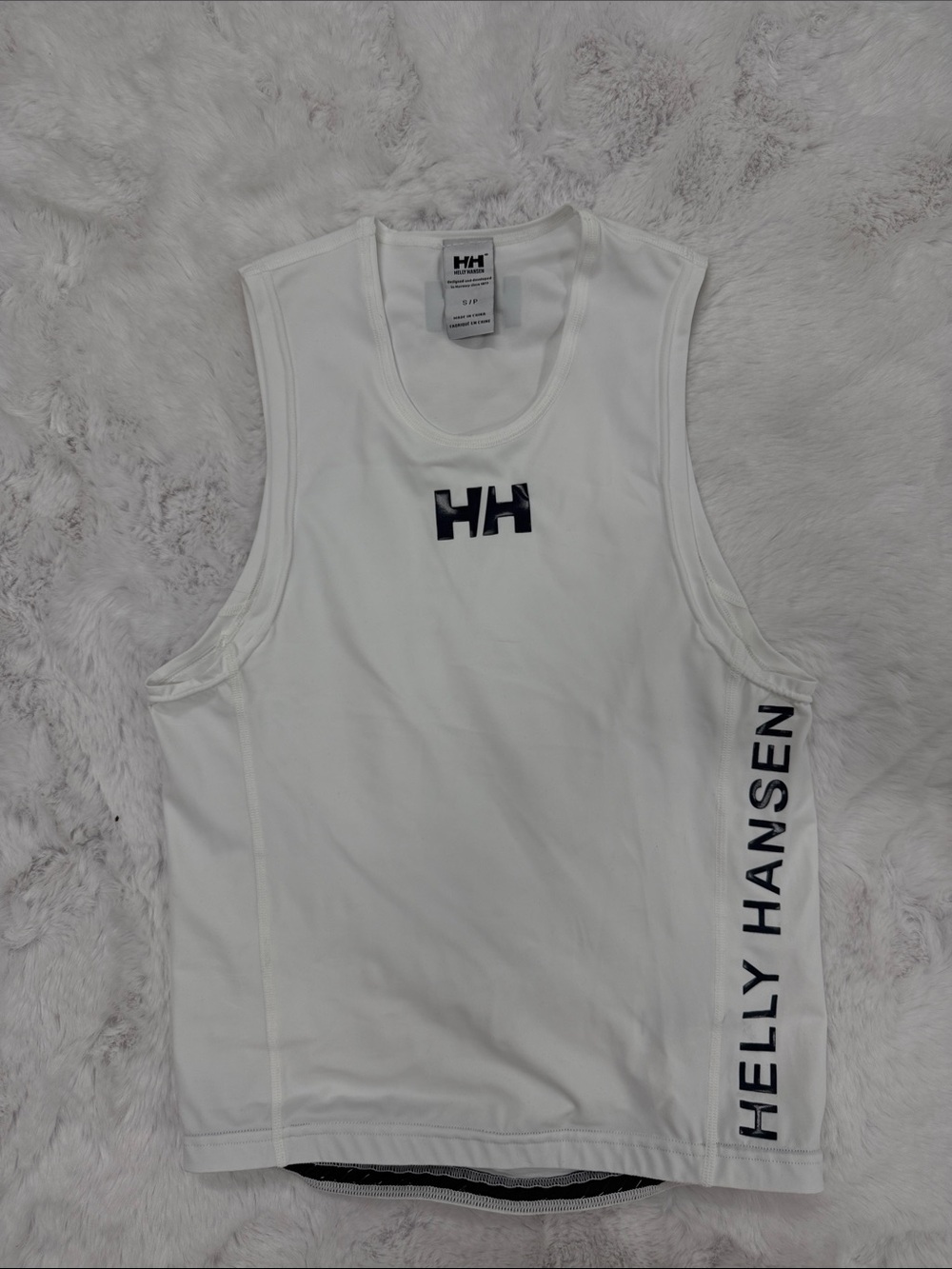 Helly Hansen Men’s White Sleeveless Swim Rash Guard with Navy Logo